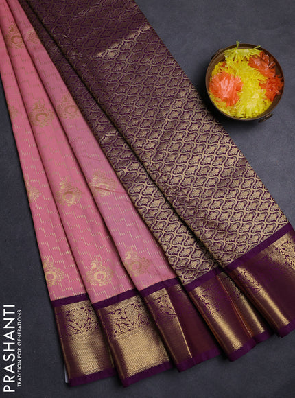Peach Pink & Purple Semi Kanchipuram Silk - Korvai