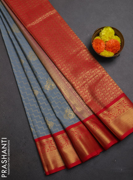 Grey & Red Semi Kanchipuram Silk - Korvai