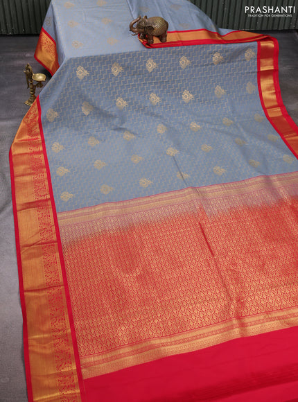 Grey & Red Semi Kanchipuram Silk - Korvai