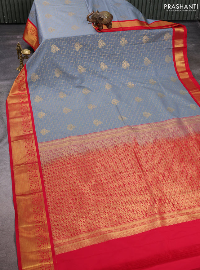 Grey & Red Semi Kanchipuram Silk - Korvai