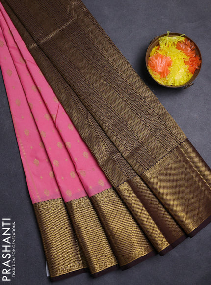 Peach Pink & Coffee Brown Semi Kanchipuram Silk - Korvai