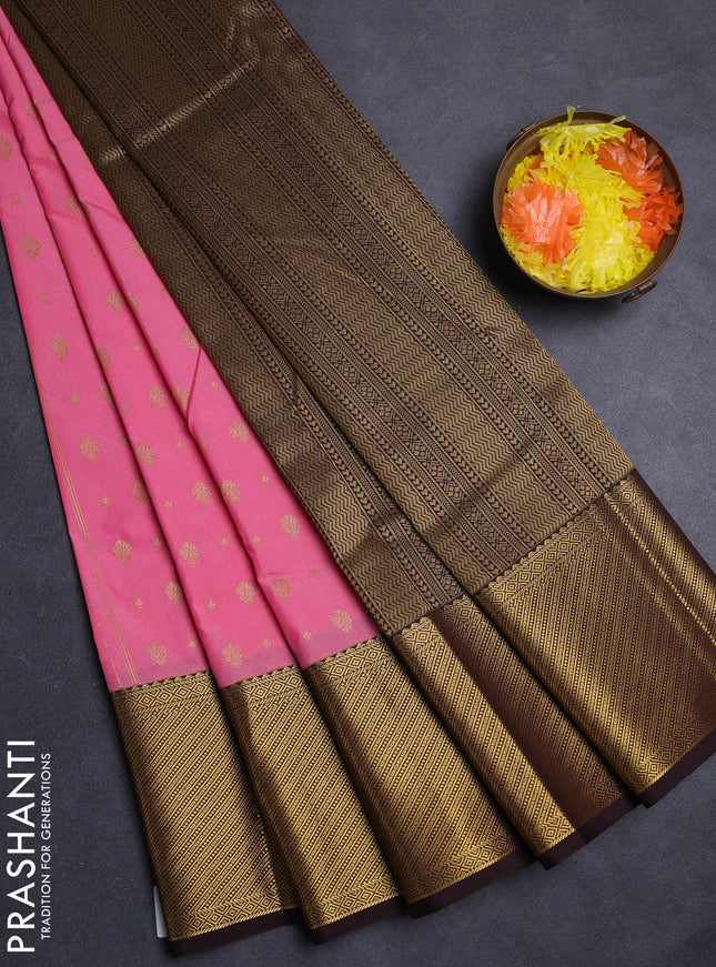 Peach Pink & Coffee Brown Semi Kanchipuram Silk - Korvai