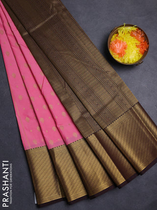 Peach Pink & Coffee Brown Semi Kanchipuram Silk - Korvai