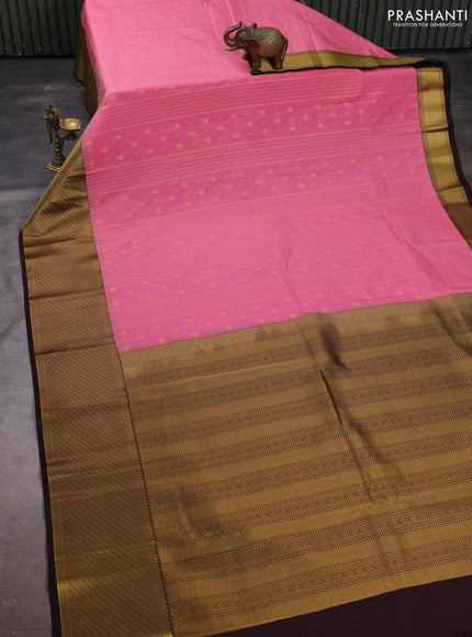 Peach Pink & Coffee Brown Semi Kanchipuram Silk - Korvai