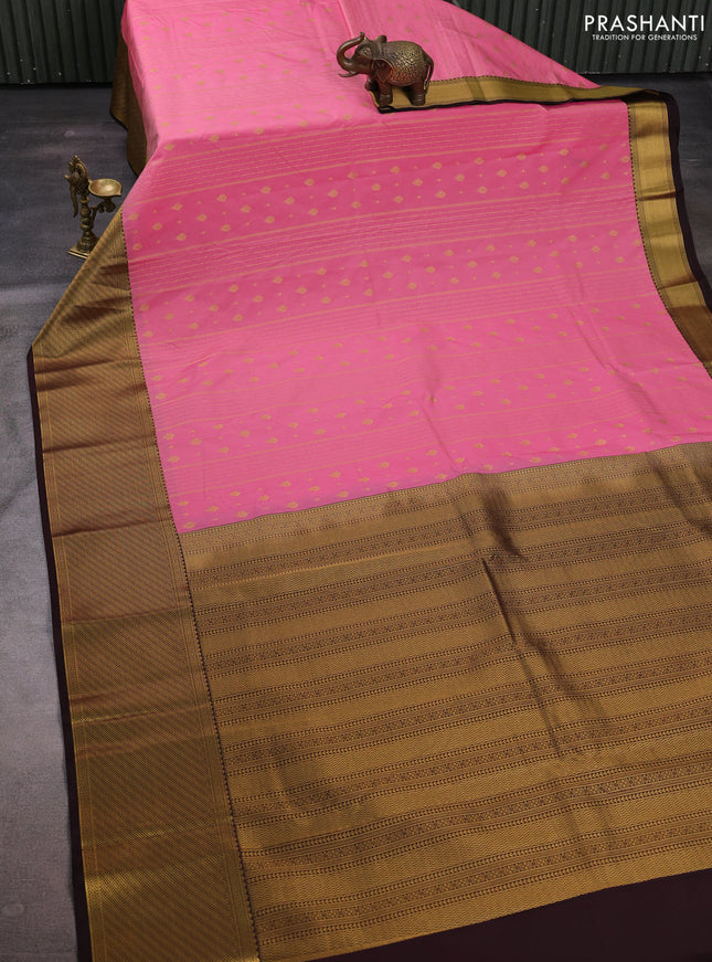Peach Pink & Coffee Brown Semi Kanchipuram Silk - Korvai