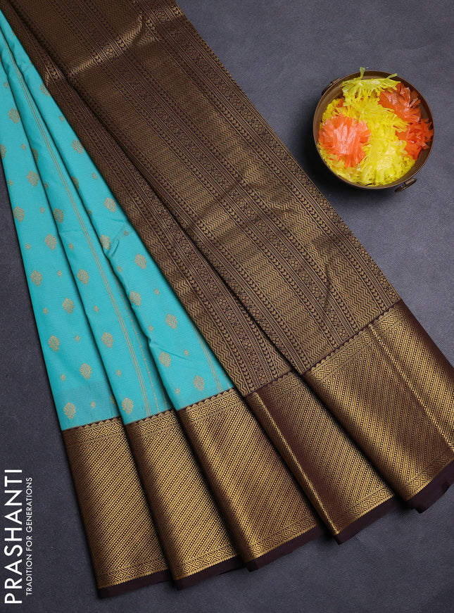 Teal Blue & Coffee Brown Semi Kanchipuram Silk - Korvai