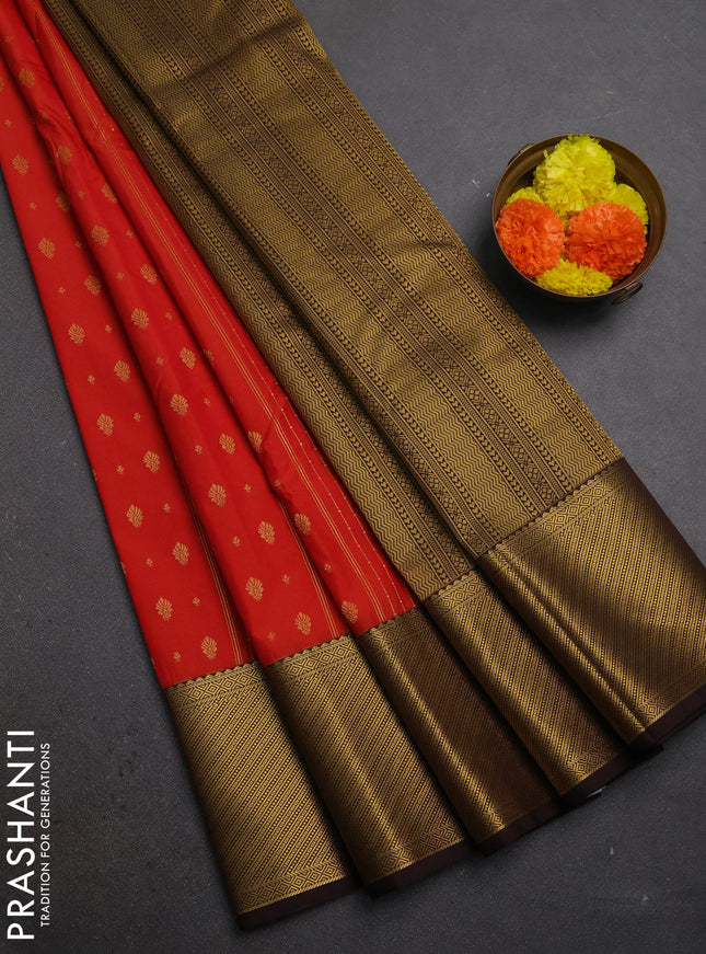 Red & Coffee Brown Semi Kanchipuram Silk - Korvai