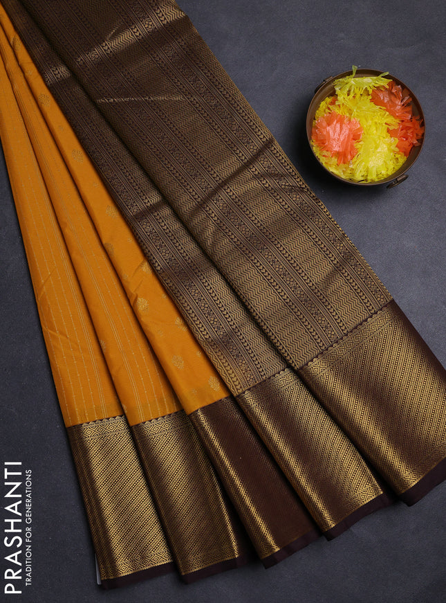 Mustard Yellow & Coffee Brown Semi Kanchipuram Silk - Korvai