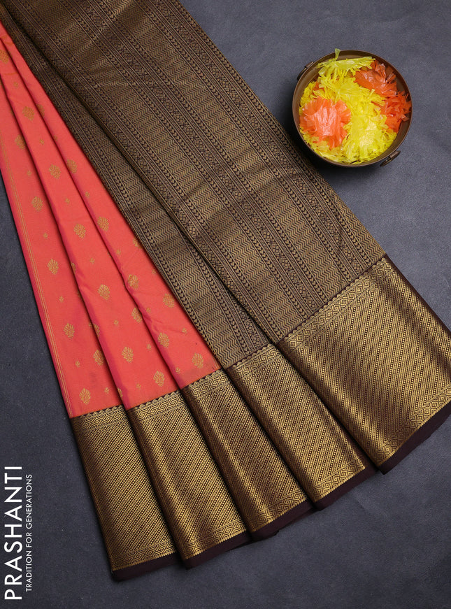 Pale Orange & Coffee Brown Semi Kanchipuram Silk - Korvai