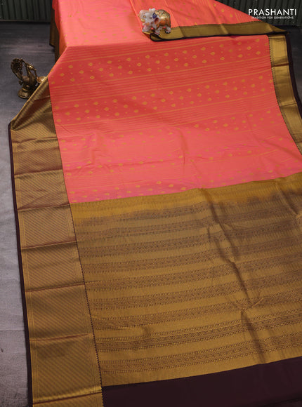 Pale Orange & Coffee Brown Semi Kanchipuram Silk - Korvai