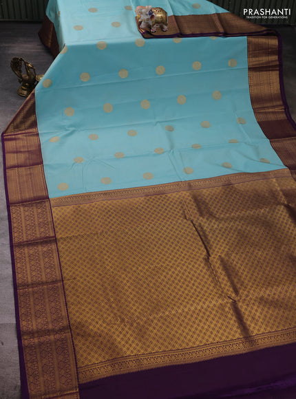 Teal Blue & Purple Semi Kanchipuram Silk - Korvai