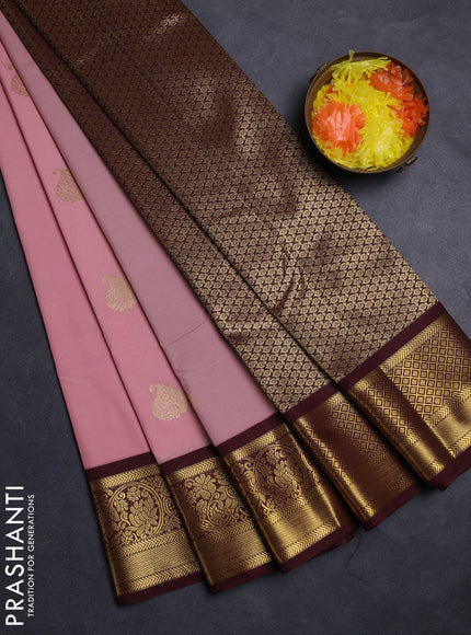 Peach Pink & Maroon Semi Kanchipuram Silk - Korvai