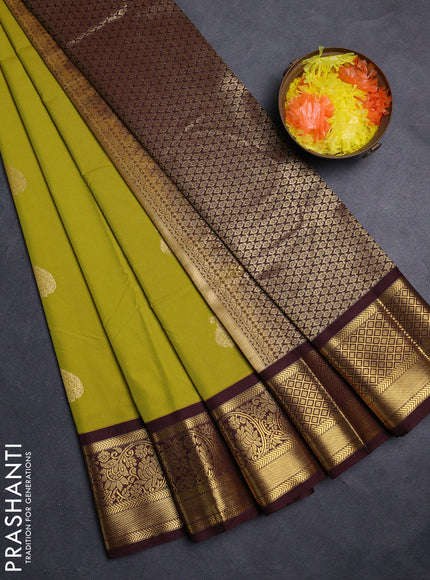Lime Green & Coffee Brown Semi Kanchipuram Silk - Korvai