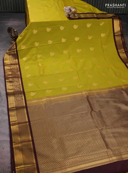 Lime Green & Coffee Brown Semi Kanchipuram Silk - Korvai