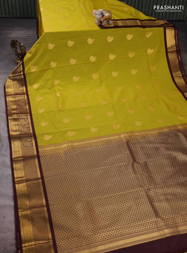 Lime Green & Coffee Brown Semi Kanchipuram Silk - Korvai