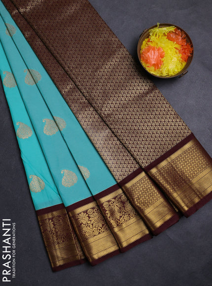 Teal Blue & Maroon Semi Kanchipuram Silk - Korvai