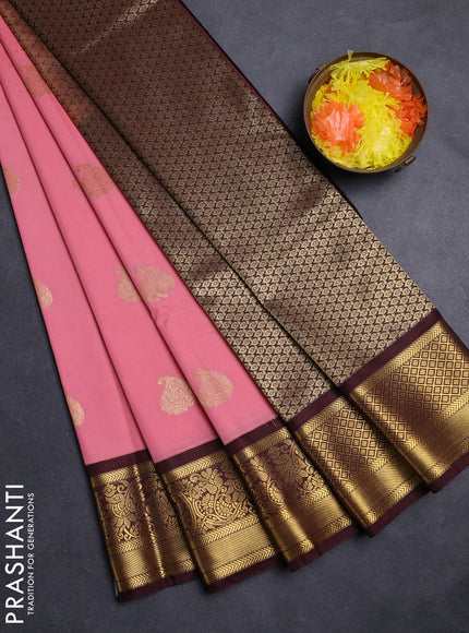 Peach Pink & Coffee Brown Semi Kanchipuram Silk - Korvai