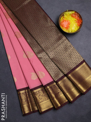 Peach Pink & Coffee Brown Semi Kanchipuram Silk - Korvai