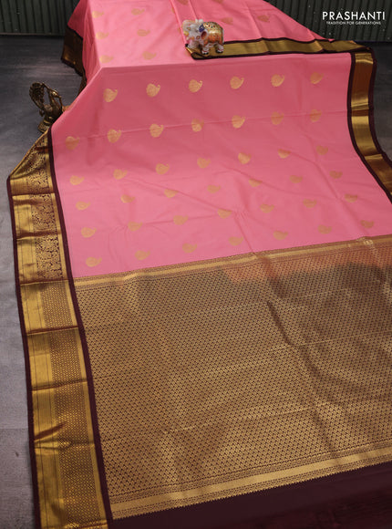 Peach Pink & Coffee Brown Semi Kanchipuram Silk - Korvai