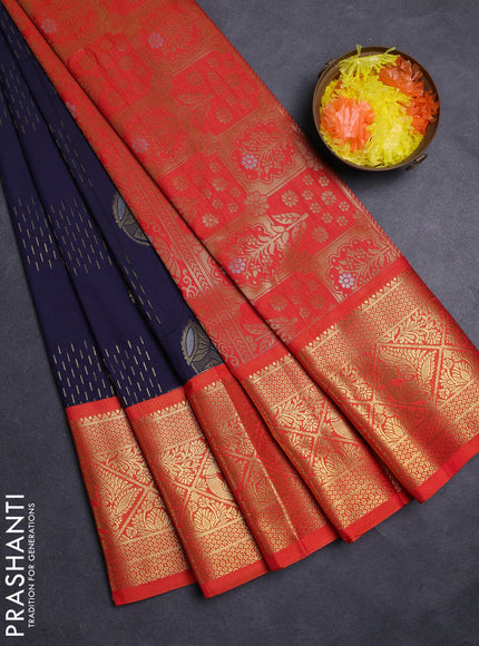 Navy Blue & Orange Semi Kanchipuram Silk - Korvai