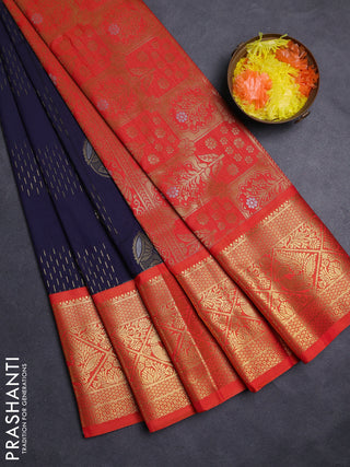 Navy Blue & Orange Semi Kanchipuram Silk - Korvai