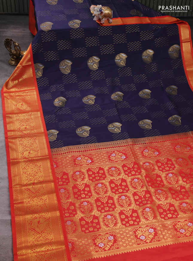 Navy Blue & Orange Semi Kanchipuram Silk - Korvai