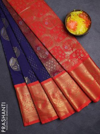 Navy Blue & Orange Semi Kanchipuram Silk - Korvai