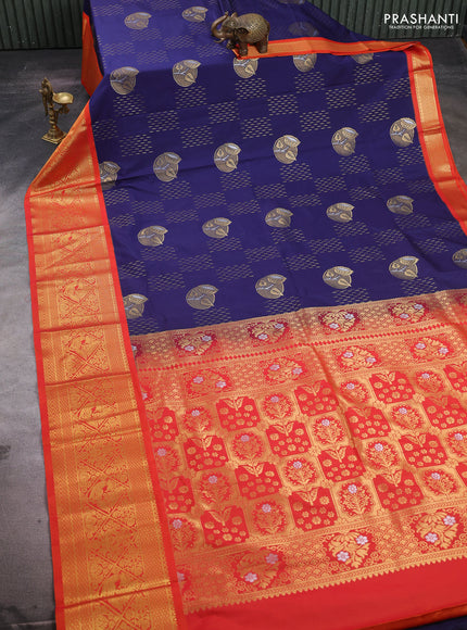 Navy Blue & Orange Semi Kanchipuram Silk - Korvai