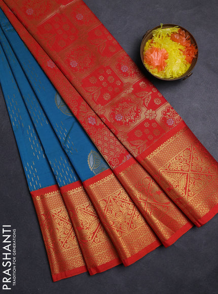 Teal Green & Orange Semi Kanchipuram Silk - Korvai