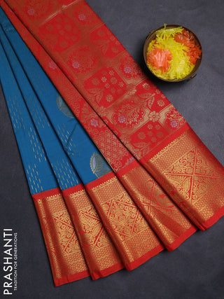 Teal Green & Orange Semi Kanchipuram Silk - Korvai