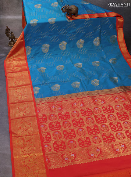 Teal Green & Orange Semi Kanchipuram Silk - Korvai