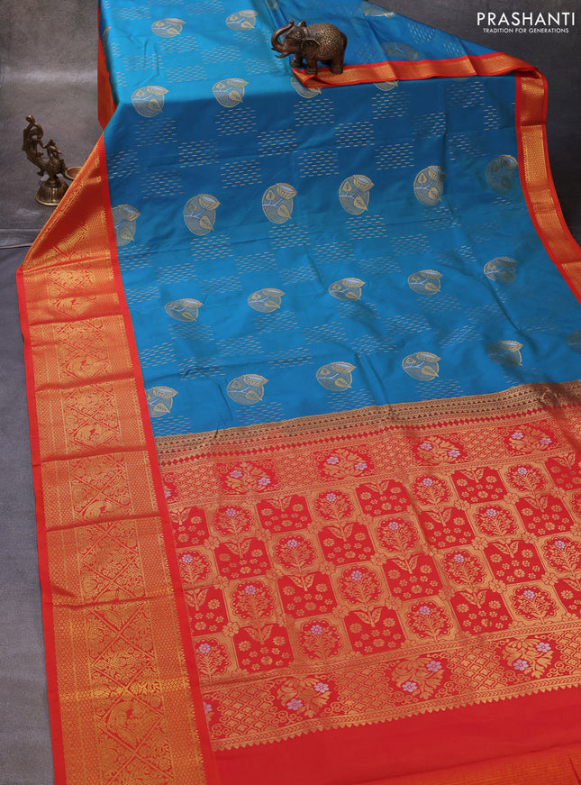 Teal Green & Orange Semi Kanchipuram Silk - Korvai