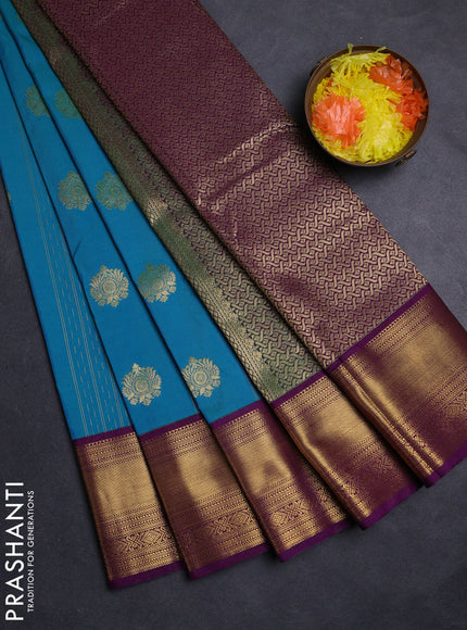 Teal Blue & Purple Semi Kanchipuram Silk - Korvai