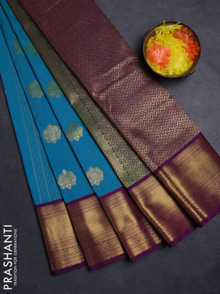 Teal Blue & Purple Semi Kanchipuram Silk - Korvai