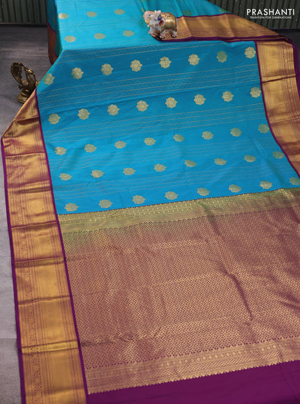 Teal Blue & Purple Semi Kanchipuram Silk - Korvai