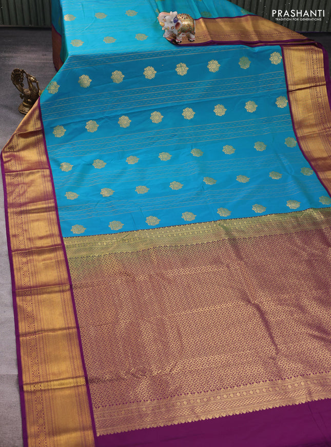 Teal Blue & Purple Semi Kanchipuram Silk - Korvai
