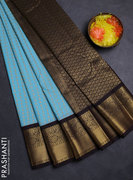 Teal Blue & Coffee Brown Semi Kanchipuram Silk - Korvai