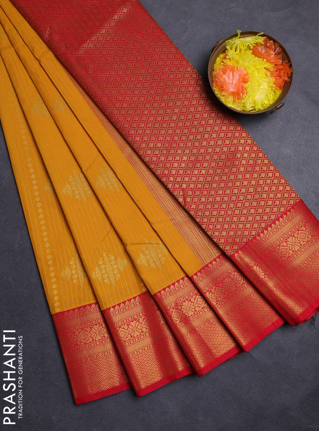 Mustard Yellow & Red Semi Kanchipuram Silk - Korvai