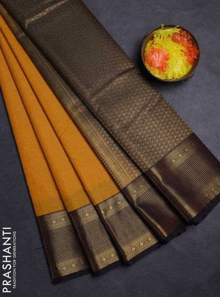 Mustard Yellow & Coffee Brown Semi Kanchipuram Silk - Korvai
