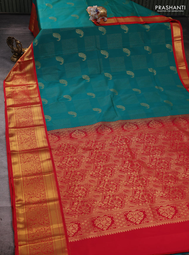 Green & Red Semi Kanchipuram Silk - Korvai