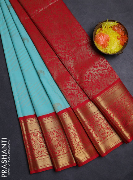 Teal Blue & Red Semi Kanchipuram Silk - Korvai