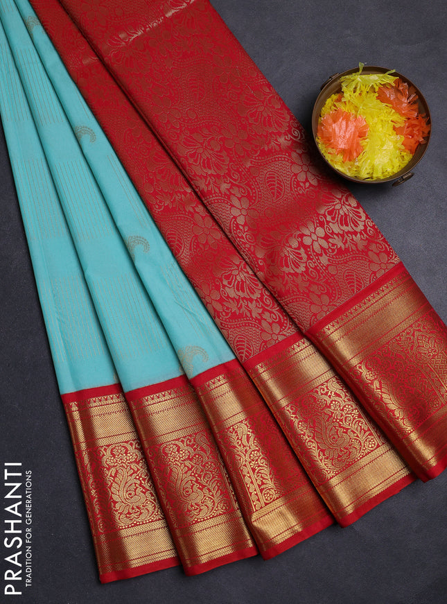 Teal Blue & Red Semi Kanchipuram Silk - Korvai