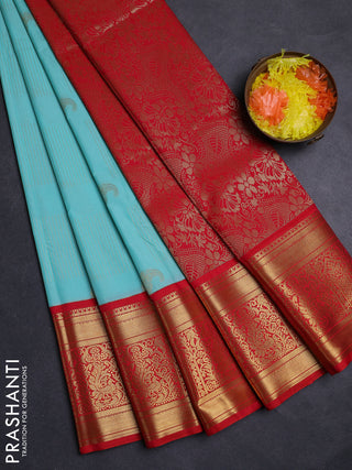 Teal Blue & Red Semi Kanchipuram Silk - Korvai