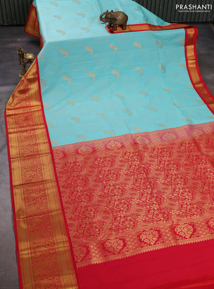 Teal Blue & Red Semi Kanchipuram Silk - Korvai
