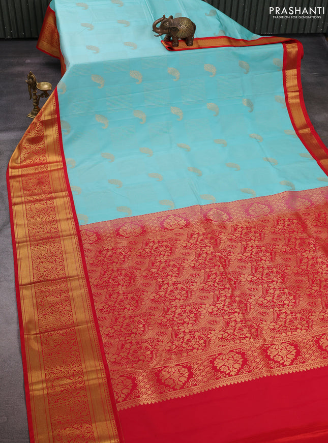Teal Blue & Red Semi Kanchipuram Silk - Korvai