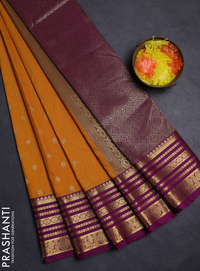 Mustard Yellow & Purple Semi Kanchipuram Silk - Korvai