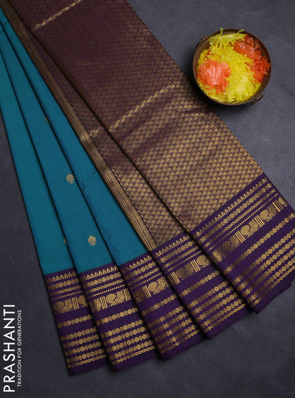 Teal Blue & Violet Semi Kanchipuram Silk - Korvai