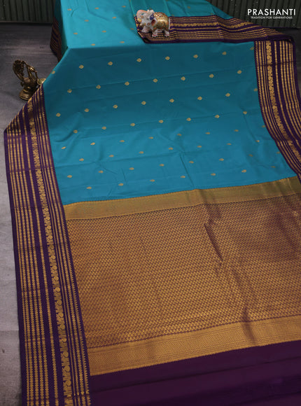 Teal Blue & Violet Semi Kanchipuram Silk - Korvai