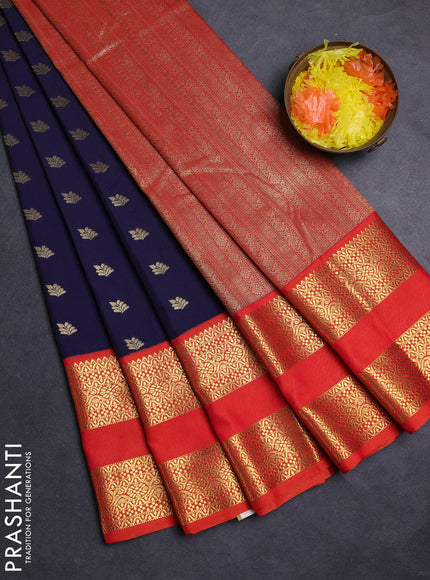 Navy Blue & Orange Semi Kanchipuram Silk - Korvai