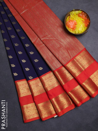 Navy Blue & Orange Semi Kanchipuram Silk - Korvai